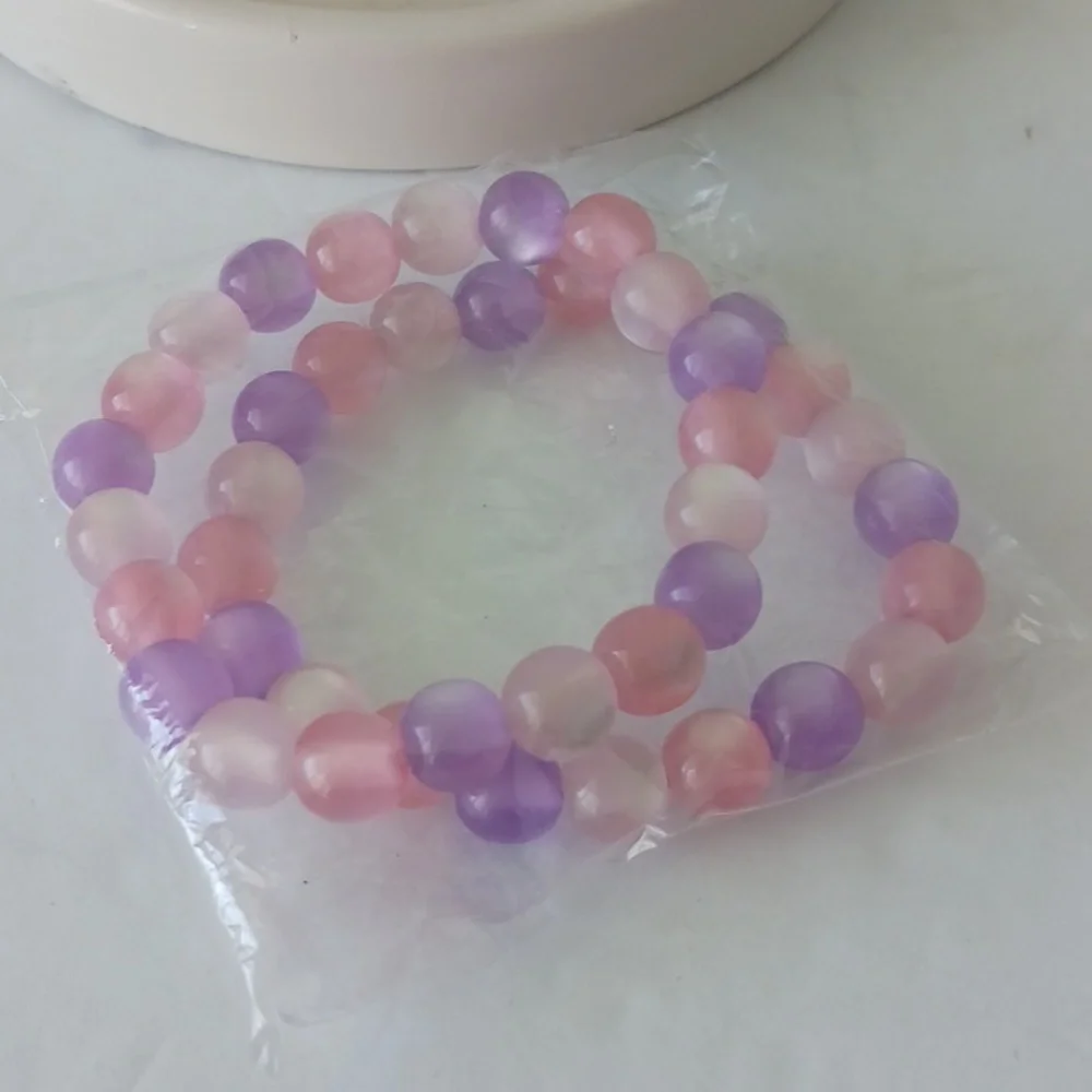 2 Stretch Plastic Beads Bracelets Pink White Purple